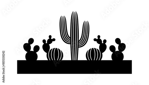 Cactus silhouette set of vector illustrations design, Various isolated  cactus logo shapes in black on white background, line art cactus desert flower character symbol, icon and sketch imitation
