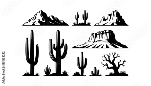 Cactus silhouette set of vector illustrations design, Various isolated  cactus logo shapes in black on white background, line art cactus desert flower character symbol, icon and sketch imitation