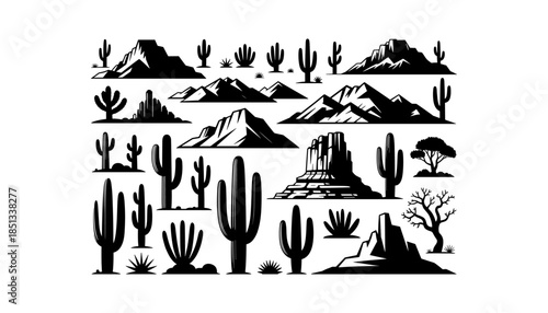 Cactus silhouette set of vector illustrations design, Various isolated  cactus logo shapes in black on white background, line art cactus desert flower character symbol, icon and sketch imitation