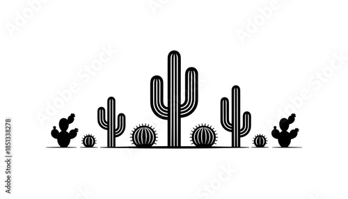 Cactus silhouette set of vector illustrations design, Various isolated  cactus logo shapes in black on white background, line art cactus desert flower character symbol, icon and sketch imitation