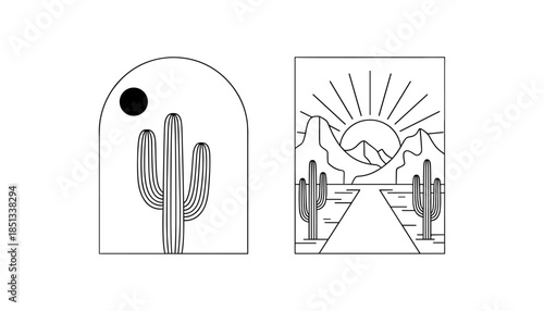 Cactus silhouette set of vector illustrations design, Various isolated  cactus logo shapes in black on white background, line art cactus desert flower character symbol, icon and sketch imitation