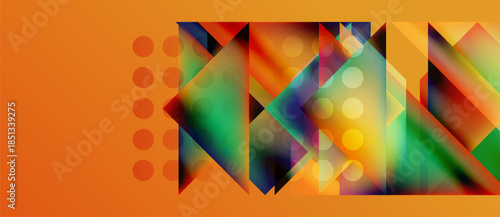 Abstract geometric composition. Vivid colors blend, creating dynamic shapes. Orange background contrasts with complex design elements.