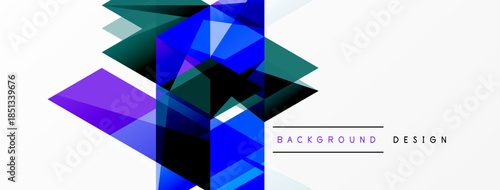 Abstract geometric shapes overlap, creating dynamic visual effect. Blue, purple hues dominate white background. Modern design element.