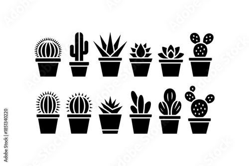 Cactus silhouette set of vector illustrations design, Various isolated  cactus logo shapes in black on white background, line art cactus desert flower character symbol, icon and sketch imitation