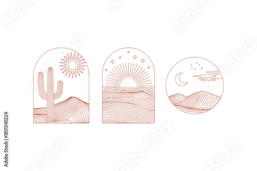 Cactus silhouette set of vector illustrations design, Various isolated  cactus logo shapes in black on white background, line art cactus desert flower character symbol, icon and sketch imitation