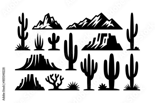 Cactus silhouette set of vector illustrations design, Various isolated  cactus logo shapes in black on white background, line art cactus desert flower character symbol, icon and sketch imitation
