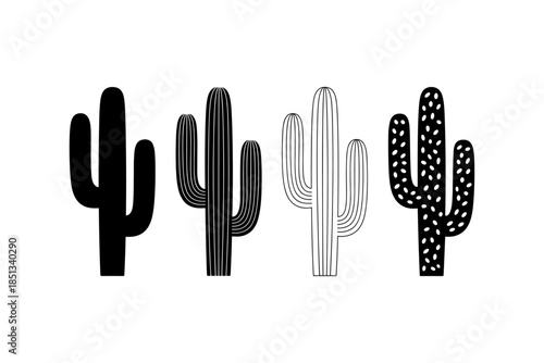 Cactus silhouette set of vector illustrations design, Various isolated  cactus logo shapes in black on white background, line art cactus desert flower character symbol, icon and sketch imitation