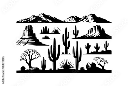 Cactus silhouette set of vector illustrations design, Various isolated  cactus logo shapes in black on white background, line art cactus desert flower character symbol, icon and sketch imitation