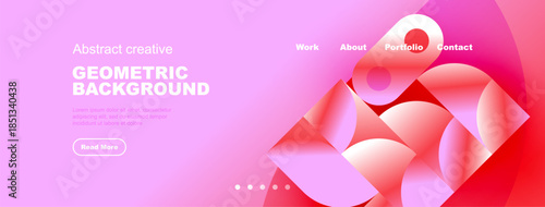 Modern website header design. Pink, purple gradients dominate abstract geometric shapes. Navigation links present work, about, portfolio, contact.