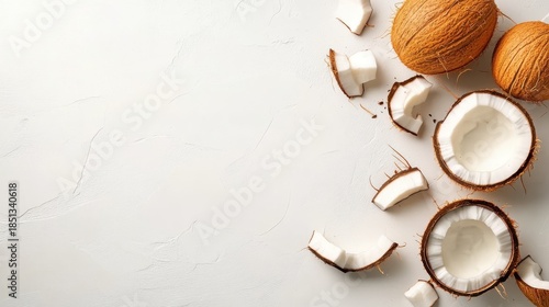 Delicious coconut cut in half revealing fresh white flesh on background