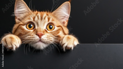 Curious kitten hanging over a blank black board with wide eyes