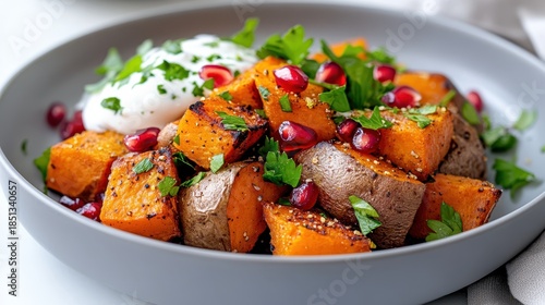 Sweet potato delight with pomegranate and cumin yogurt on bright tiles