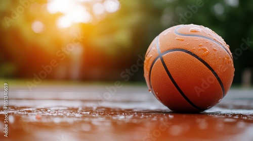 Basketball rests on a wet court during golden hour light
