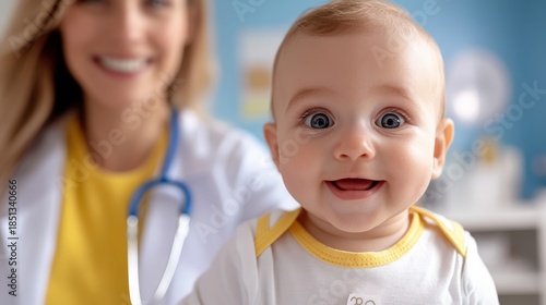 Happy baby and pediatrician share a joyful moment in a cheerful clinic