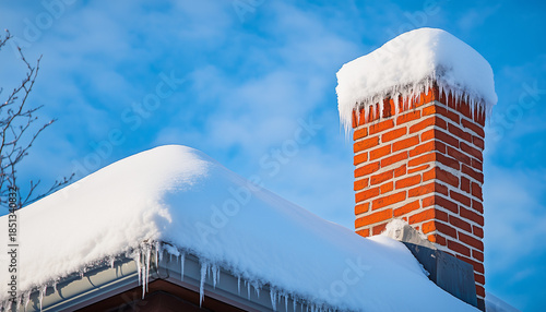 House rooftop covered in heavy snow after winter storm. Chimney and gutter visible under clear blue sky. Heavy snow buildup threatens