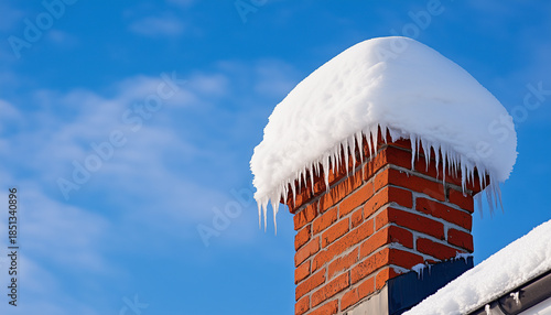 House rooftop covered in heavy snow after winter storm. Chimney and gutter visible under clear blue sky. Heavy snow buildup threatens