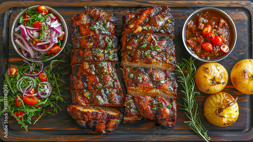 Sliced texas brisket with salad, roasted tomatoes and barbecue sauce displayed on wooden cutting board
