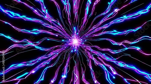 Symmetrical, kaleidoscopic animation of glowing blue and purple light particles forming wavy lines and flowing from a central bright source, creating a vibrant and mesmerizing energy tunnel