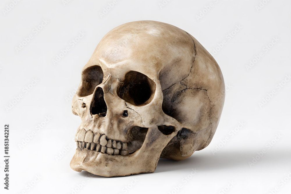 Naklejka premium Detailed human skull displayed on a plain surface showing its anatomical features and structure in a well-lit environment