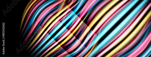 Colorful stripes form dynamic wave pattern. Bright hues blend, creating abstract visual experience. Smooth gradients suggest movement, energy.