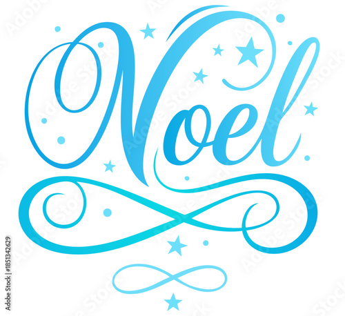 Noël Blue Calligraphy with Stars and Swirls — Elegant Winter Christmas Script Typography