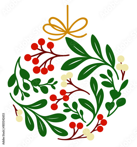 Christmas Floral Wreath Ornament with Green Leaves, Red Berries and Golden Bow