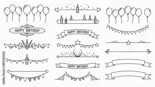 Clean line art vector elements depicting birthday parties: balloons, 'Happy Birthday' banners, candles, and decorative bunting.