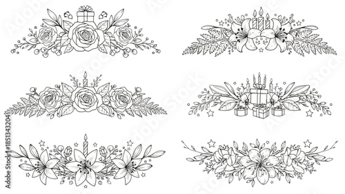 These elegant hand-drawn floral borders with festive elements offer versatile decorative accents for invitations, greeting cards, and various design projects.