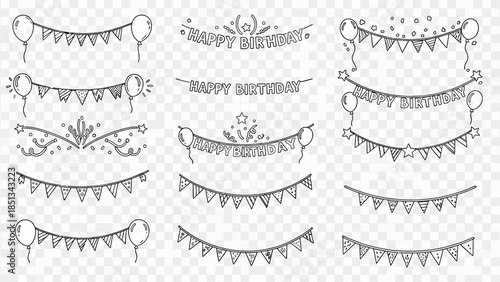 A charming collection of hand-drawn doodle party banners, festive pennants, and birthday garlands perfect for cheerful celebrations and special event decorations.