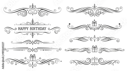 Elegant vintage-style decorative dividers and ornate borders with swirls, gift boxes, and a 'Happy Birthday' frame, ideal for invitations and greeting cards.