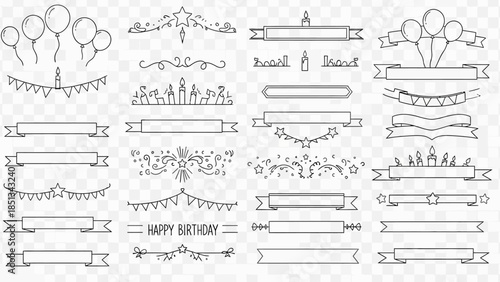 Stylish vector line art set showcasing birthday party decorations like balloons, ribbons, garlands, and confetti, perfect for festive projects.