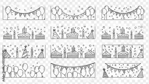 A charming collection of hand-drawn doodle style birthday celebration borders and banners, perfect for festive invitations and digital design projects.