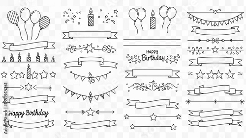 A versatile collection of black outline elements, including balloons, candles, banners, and stars, perfect for creating festive birthday and celebration designs.