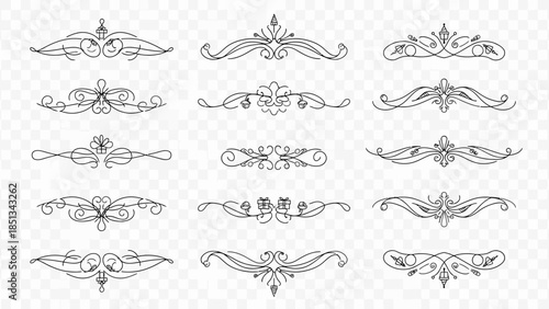 Elegant black line art flourishes and ornate dividers are perfect for enhancing vintage designs, wedding invitations, and graphic projects.