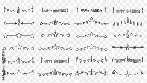 A comprehensive collection of elegant black and white line art birthday banners, festive garlands, and decorative elements perfect for invitations and party designs.