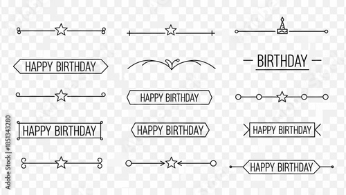 Elegant collection of black line art happy birthday dividers and decorative banners, perfect for festive invitations and celebratory design projects.