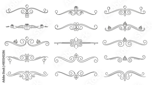 Elegant hand-drawn vector scroll dividers and decorative flourishes, perfect for vintage wedding invitations, certificates, or sophisticated book design projects.