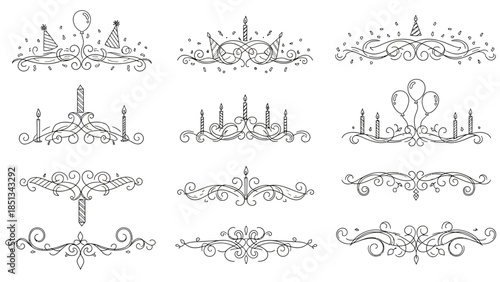 Beautifully intricate black and white line art dividers with festive birthday motifs and elegant scrollwork, ideal for invitations and event design.
