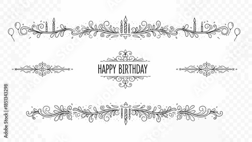 Elegant vector illustration showcasing intricate celebratory flourishes, decorative dividers, and a prominent "Happy Birthday" greeting.