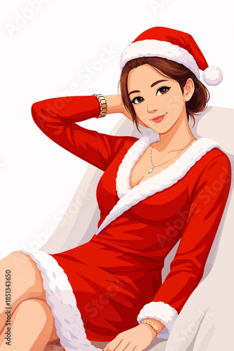 A refined digital illustration of a young woman dressed in an elegant red Santa Claus dress with white fur trim and a matching Santa hat. She is seated comfortably on a chair, posing in a relaxed and 