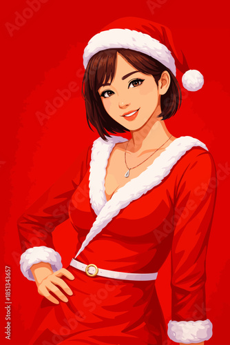 A high-quality digital illustration of a charming young woman dressed in a classic red Santa Claus outfit with white fur trim and a matching Santa hat. She stands confidently with one hand resting on 