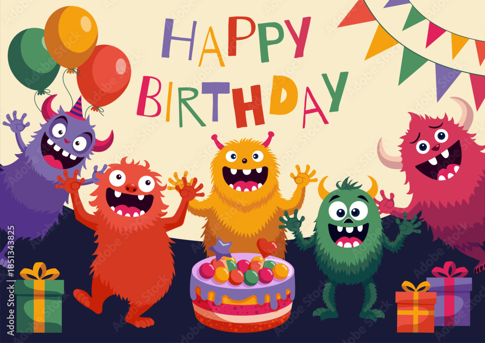 Fototapeta premium Celebrate a whimsical birthday with a colorful gathering of friendly monsters!Perfect for children's party invitations, decorations, and more.