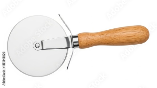 Wooden-handled pizza cutter with a sharp circular blade.
