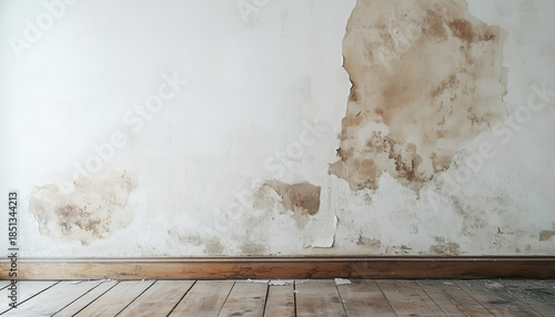Damp wall with visible mold growth, water staining and peeling paint indicating moisture intrusion and structural risk during a building