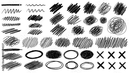 Diverse hand-drawn scribble elements on white background for creative design uses