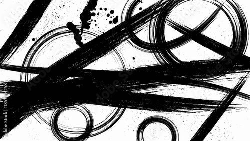 Dynamic black and white abstract composition with brush strokes and circles artwork