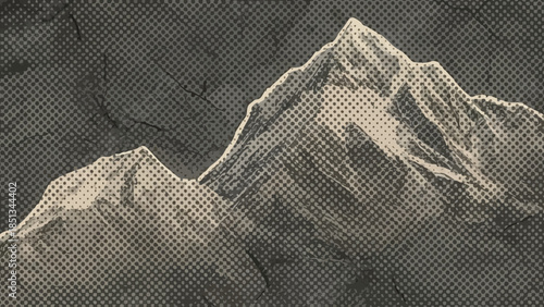 Monochrome Mountain Range Illustration with a Halftone Dot Screen Effect