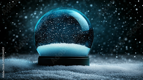 Christmas Snow Globe at Night with Snowing and Blue Abstract Background