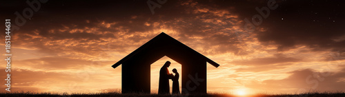 Holy Family in Nativity Scene with Comet and Sunrise Light