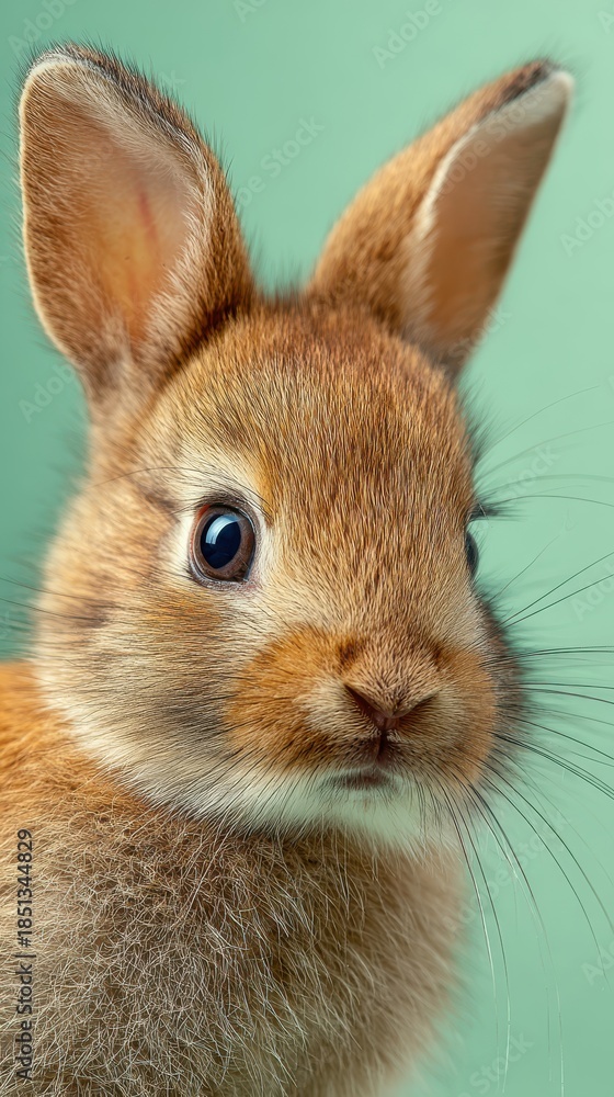 Fototapeta premium cute baby bunny portrait, curious look, soft daylight, light green background, fluffy fur texture, minimal composition